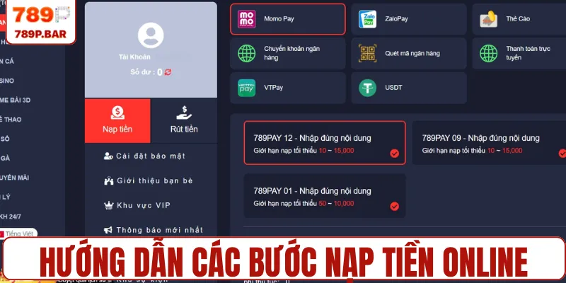 Hướng dẫn các bước nạp tiền online